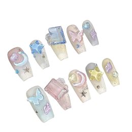 Candy Colour Fake Nails with Star Moon Decor Long Lasting Safe Material Waterproof False Nails for Shopping Travelling Dating 240430