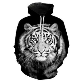 Men's Hoodies Sweatshirts New 3D printed hooded animal sports shirt tiger pattern mens street sports shirt fitness top Q240506