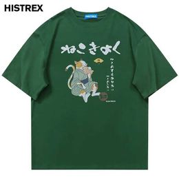 Men's T-Shirts 2023 Harajuku Men TshirtJapanese Kanji Funny Cat Cotton T-ShirtSummer Fashion Hip Hop T ShirtsNew Cartoon Casual Thick Tops H240506