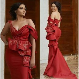 2021 Dark Red Straps Dresses Mermaid Evening Off The Shoulder Embroidery Sequins Satin Peplum Ruffles Sweep Train Custom Made Prom Gown