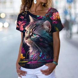 Women's T-Shirt Womens T-shirt Fashion 3D Animal Print Short sleeved T-shirt Casual V-neck Loose T-shirt Fun Cat Pattern Womens Top 2024L2405