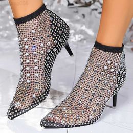 Sandals Shiny Crystal High Heels Ankle Boots Women 2024 Summer Pointed Toe Thin Heeled Boots Woman Plus Size 43 Sexy Black Party Shoes 240506
