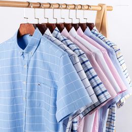 Men's Dress Shirts Pure Cotton Oxford For Men Short Sleeve Plaid Shirt Striped Male Business Social Formality Top