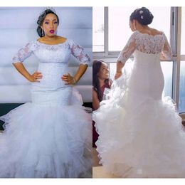 Made 2019 klänningar sjöjungfru anpassad storlek plus med 3/4 långa ärmar spets applikationskolt kjol svep tåg trädgård bröllop brudklänning