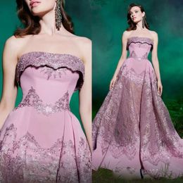 Pink Line Vestido Evening Elegant A Long Prom Dresses Strapless Illusion Lace Appliques Sweep Train Formal Party Gowns Pplikes