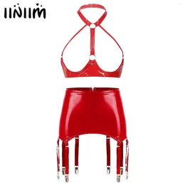 Bras Sets Womens Erotic Lingerie Set Halter Backless Bra Tops Open Cups Wire-free Brassiere With Zipper Garters Patent Leather Clubwear