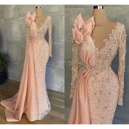 Pink Dresses Light Mermaid Evening Jewel Neck Long Sleeves Lace Beaded Floor Length Custom Made Prom Party Ball Gown Formal Ocn Wear