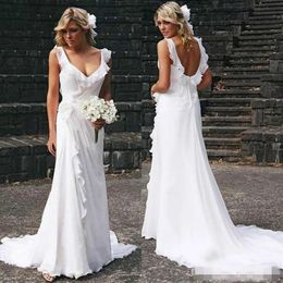 White Line A 2019 Ruffles Dresses Chiffon Custom Made Backless Straps V Neck Sweep Train Plus Size Beach Wedding Bride Gowns