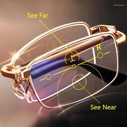 Sunglasses Folding Reading Glasses Portable Progressive Biofocal Eyewear Mens Parent Anti-Blue Ray Presbyopic Eyeglasses With Leather Case