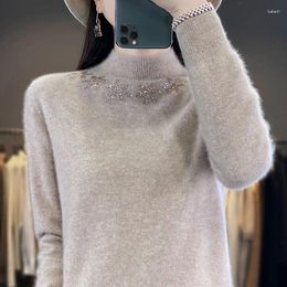 Women's Sweaters 2024 Autumn Winter Woollen Sweater Half High Neck Long Sleeve Pullover Loose Solid Colour Diamond Lnlaid Seamless Knit