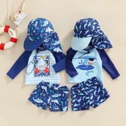 Swimwear 20220329 Lioraitiin 04Years Toddler Kid Boy Swimsuit, Cartoon Striped Shark Print Summer Beach Long Sleeve Tops Shorts Hat