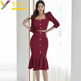 Work Dresses 2024 Spring Red Set Square Collar 3/4 Sleeve Short Top High Waist Fishtail Skirt Elegant Slim Bodycon Office Lady 2 Pieces