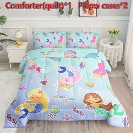 Duvet Cover Bedding Set Mermaid Printed Pattern Quilt with 1 Comforter 2 Pillowcases for Boys and Girls Bedroom All Season