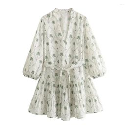 Casual Dresses 2024 Summer Women's Fashion And Elegance V-neck Standing Collar 3/4 Sleeves With Belt Printed Mini Dress