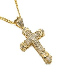 Mens Bling Iced Out 18K Gold Plated Hip Hop Rhinestones Crystal Cross Pendant Necklace Cuban Link Chain Men Jewellery NecklacesPend3981218