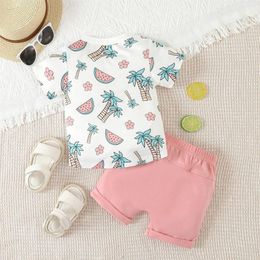 Clothing Sets Toddler Boys Round Neck Short Sleeve Cartoon Tree Print Top And Solid Colour Shorts For Summer Outfits