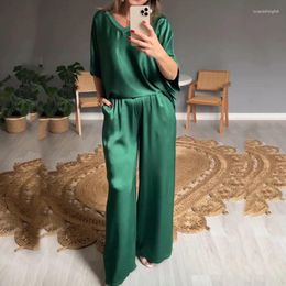 Women's Two Piece Pants 2024 Casual Thin Silk 2pc Sets Spring Summer Sexy V Neck Short Sleeved Top Suits Vintage Solid Loose Women Outfits