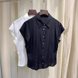 Women's Blouses Women 2024 Summer Silk Cap Sleeve Black And White Short Shirt