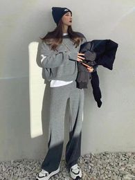 Women's Two Piece Pants 2Pcs Casual Knitted Wide Leg Pant Suit Personality Letter Printing Versatile Loose Long Sleeved O-Neck Pullover