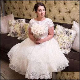 Dresses Vintage Sleeves Wedding Short Bridal Gown With Lace Applique Sash Ribbon Tea Length Scalloped Neckline Plus Size Vestido De Novia Custom Made