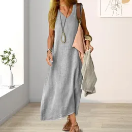 Casual Dresses Summer Women Dress V Neck Sleeveless Vest Type Loose Ankle Length Pure Colour A-line Pullover Vacation Beach Maxi