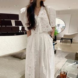 Work Dresses Sweet Y2k Korean V-neck Hollowed Out Lace Embroidered Top White Doll Shirts High Waisted Pleated Skirt Blouse Crop