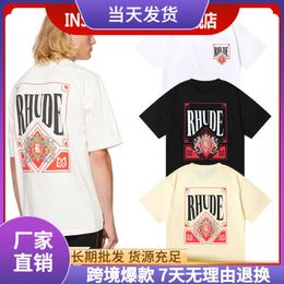 High Quality Original Rhuder Designer t Shirts Fashion Brand Wine Red Printing Highquality Double Yarn Pure Cotton Casual Loose Short Sleeved with 1:1 Logo