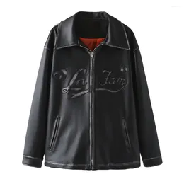 Women's Jackets 2024ZAR Spring/Summer Wear American Retro Letter Embroidered PU Leather Flying Jacket