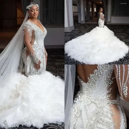 Crystals Bridal Gown Mermaid Beaded Wedding Dresses Long Sleeves Ruffles Deep V Neck Chapel Train Custom Made Vestidos De Novia Plus Size estidos