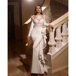 Sleeve Unique With Wedding Mermaid Dress Long Illusion Bodice Applique Satin Cowl Backs Formal Ocn Custom Made Tulle Floor-Length