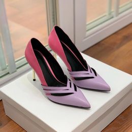 Dress Shoes Spring Autumn Women Pumps Fashion Genuine Leather Evening Heels Patchwork Narrow Band Pointed Toe High Party