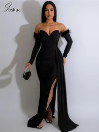 Casual Dresses Joskaa Solid Pleated Wrap Chest Feather Long Sleeve Evening Dress Women Sexy Backless High Split Ribbons Maxi Clubwear