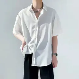 Men's Casual Shirts Summer Thin Ice Silk Loose Blouse Polo Neck Short Sleeve Solid Trend Youth Shirt Tops Fashion Vintage Men Clothing