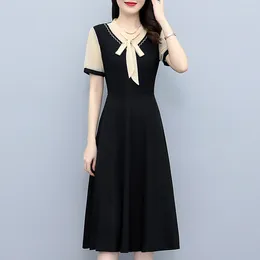 Party Dresses Elegant Chiffon For Women Summer Female Bow Tie Collar Short Sleeve Large Size 5XL Black A Line Mid-length Slim Vestidos