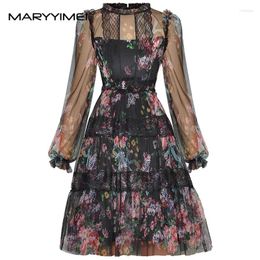 Casual Dresses MARYYIMEI Spring Autumn Fashion Designer Women Dress Long Sleeved Lace Patchwork Mesh Print Mini