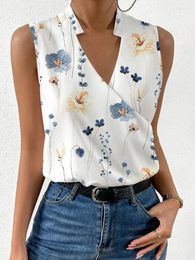 Women's Blouses Elegant Floral Shirt Office Cross V-neck Sleeveless Fashionable Tight Fitting Plain Summer 2024 Blusas