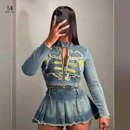 Fashion Stretch Denim Suit Women Embroidery Jacket Pleated Skirt Outfits Streetwear Lady 2 Two Piece Matching Sets 240428