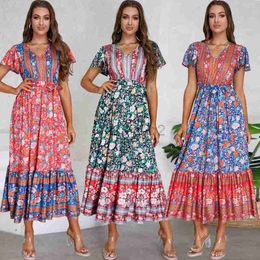 Basic Casual Dresses Women's Summer New V-neck Ruffle Sleeve Floral Print Long Dress Plus Size Dress