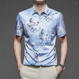 Men's Casual Shirts Mulberry Silk Printing Clothes 2024 Summer Fashion Bambooo Tree Print Short Sleeve Seamless Smooth Dress