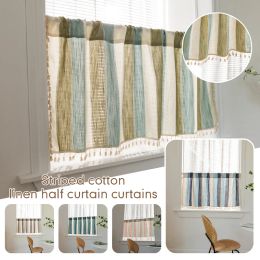 Curtains Half Curtain New Gray Stripe Cotton Short Curtains for Kitchen Window Curtain Cotton Linen Living Room Cafe Cabinet Cover