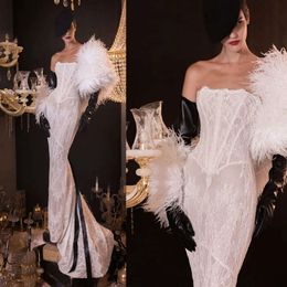 Strapless Wedding Sleeve Mermaid Dresses Glamorous One With Feather Lace Applicant Court Gown Custom Made Plus Size Vestidos De Novia