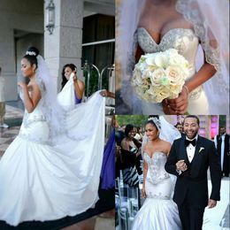 Sparkly Mermaid Satin Crystal Dresses Sweetheart Gorgeous Beaded Bridal Gowns Arabic Plus Size Wedding Dress