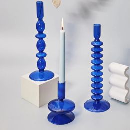 Candles Blue Glass Candle Holder Candlesticks for Wedding Birthday Holiday Home Decoration Morden Decorative Glass