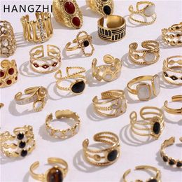 Cluster Rings HangZhi Vintage Gold Color Geometric Open Stainless Steel Adjustable Drip Oil Flower Multilayer Jewelry For Women 2024