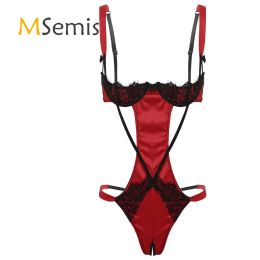 Suits Womens Lingerie Crotchless Teddy Bodysuit Nightwear Onepiece Adjustable Shoulder Straps 1/4 Underwired Cups Backless Bodysuit