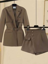 Women's Shorts Xgoth womens jacket set 2022 new high-temperature oversized high waisted khaki jacket+button short shirt two-piece set WX