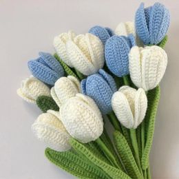 Decorative Flowers Knitted Flower Handmade Crochet Tulips Artificial Bouquet Hand-Woven Fake Ornaments Wedding Home Decor