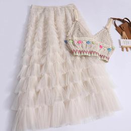 Skirts Boho Camisole Top Gauze Cake Skirt Women Two-piece Set Sweet Puffy Hollow Weave Holiday Style Suntop Summer Wear