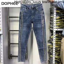 Women's Jeans Blue Ankle-length Light For Women 2024 Spring Summer Cotton Elastic Denim Pants Side Drill Slimming Pencil Jean