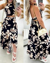 Work Dresses Two Piece Set Women Outfit 2024 Summer Floral Print Halter Backless Tied Detail Top & Casual Beach Vacation Maxi Slit Skirt